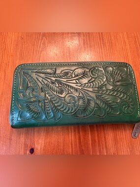 Alexis David Green Tooled Leather Zip Wallet